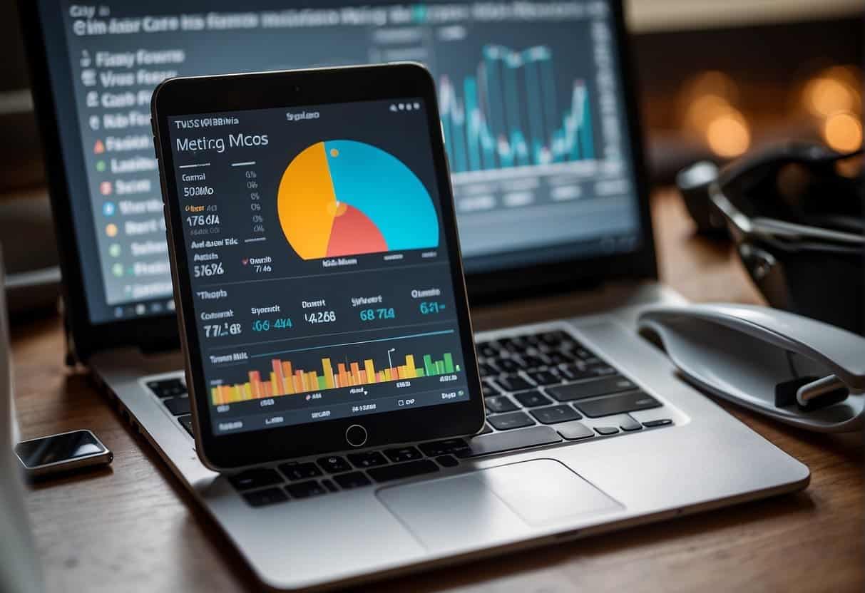 A smartphone displaying various mobile marketing metrics and analytics charts, surrounded by marketing strategy documents and a laptop with a mobile marketing campaign dashboard open