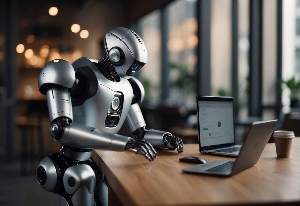 A robot interacts with diverse marketing tools, blending AI with human touch