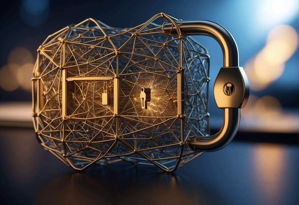 A web page with a lock symbol representing privacy, surrounded by interconnected nodes and lines, illustrating system architecture design for GDPR compliance