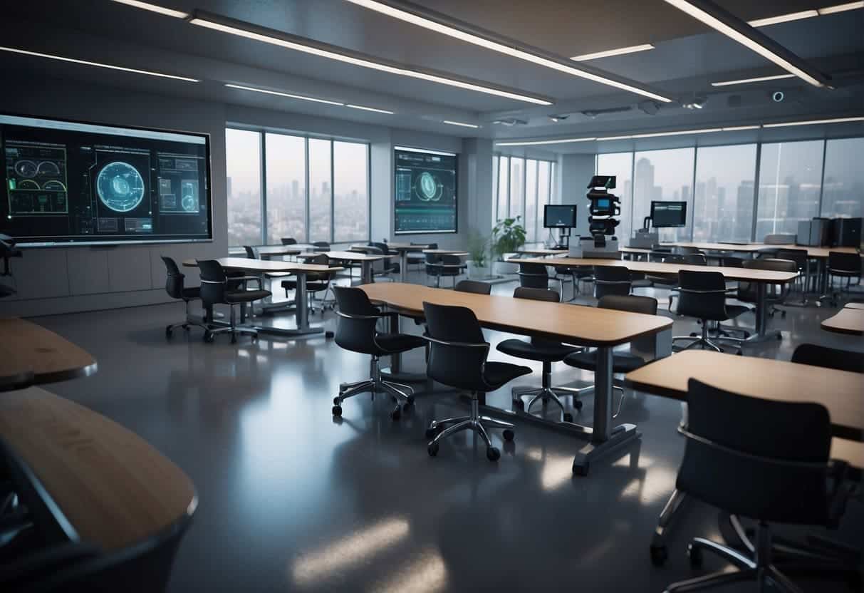 A futuristic classroom setting with AI technology seamlessly integrating with industrial equipment
