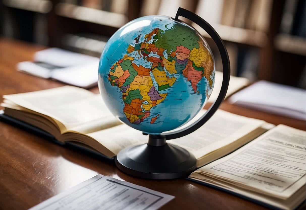 A globe surrounded by legal documents from various countries, with arrows connecting them to a central compliance manual