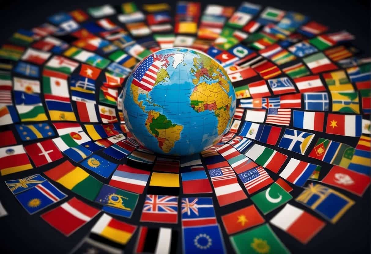 A globe surrounded by different flags, each representing a different region. Documents and legal texts are scattered around the globe, symbolizing the complex regulations that must be navigated for international trade compliance on websites