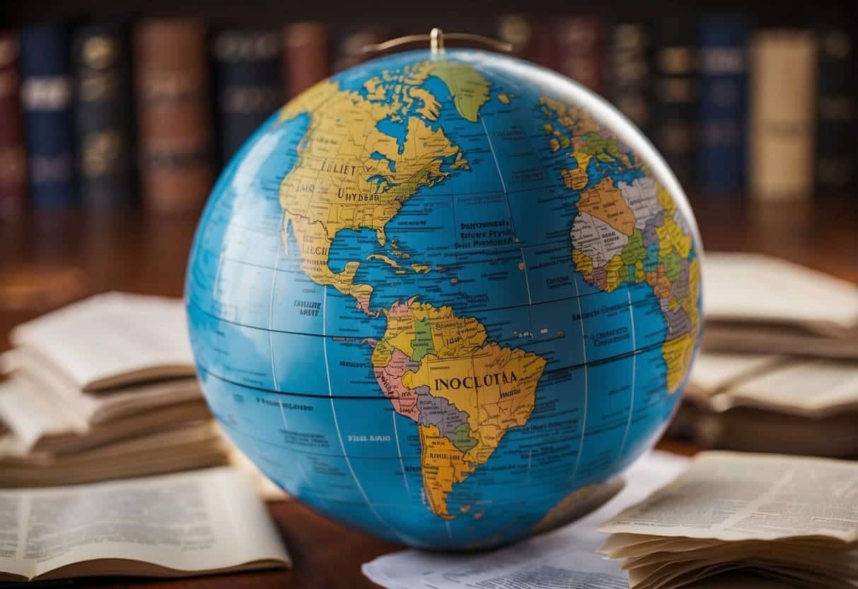A globe surrounded by legal documents from different countries, with arrows pointing to and from the globe, representing the navigation of regulations across regions