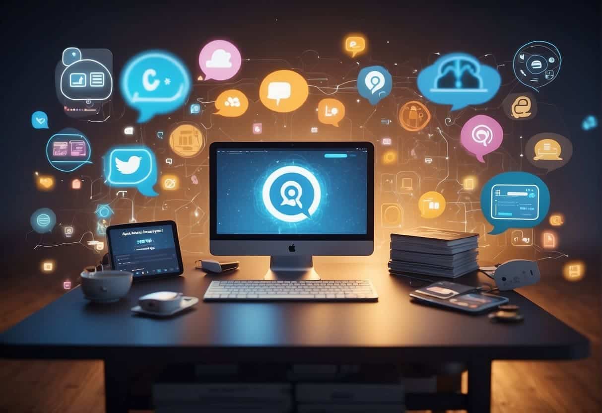 A computer-generated AI chatbot answers questions on a social media platform, surrounded by speech bubbles and icons