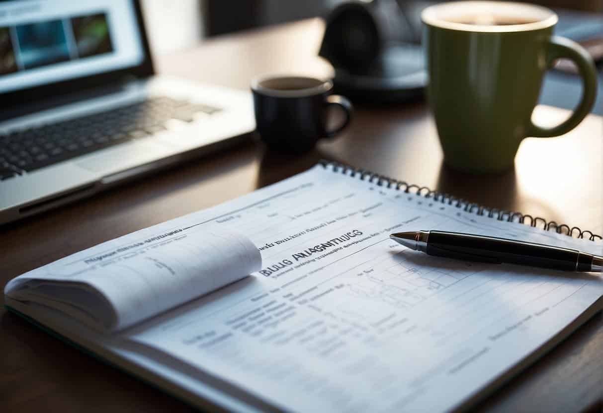 A laptop displaying blog and vlog analytics charts, surrounded by a notepad, pen, and coffee mug on a desk
