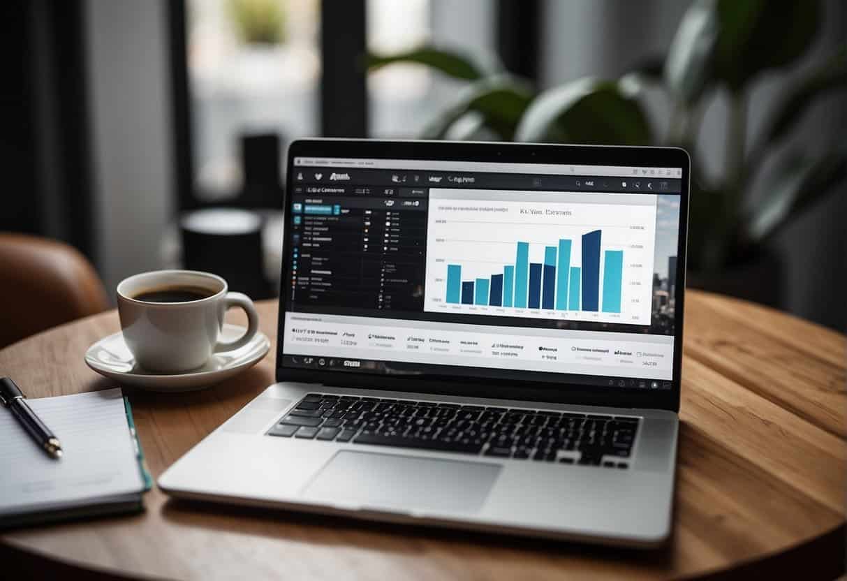 A laptop displaying blog and vlog analytics charts, surrounded by notebooks and a camera on a desk with a pen and coffee cup