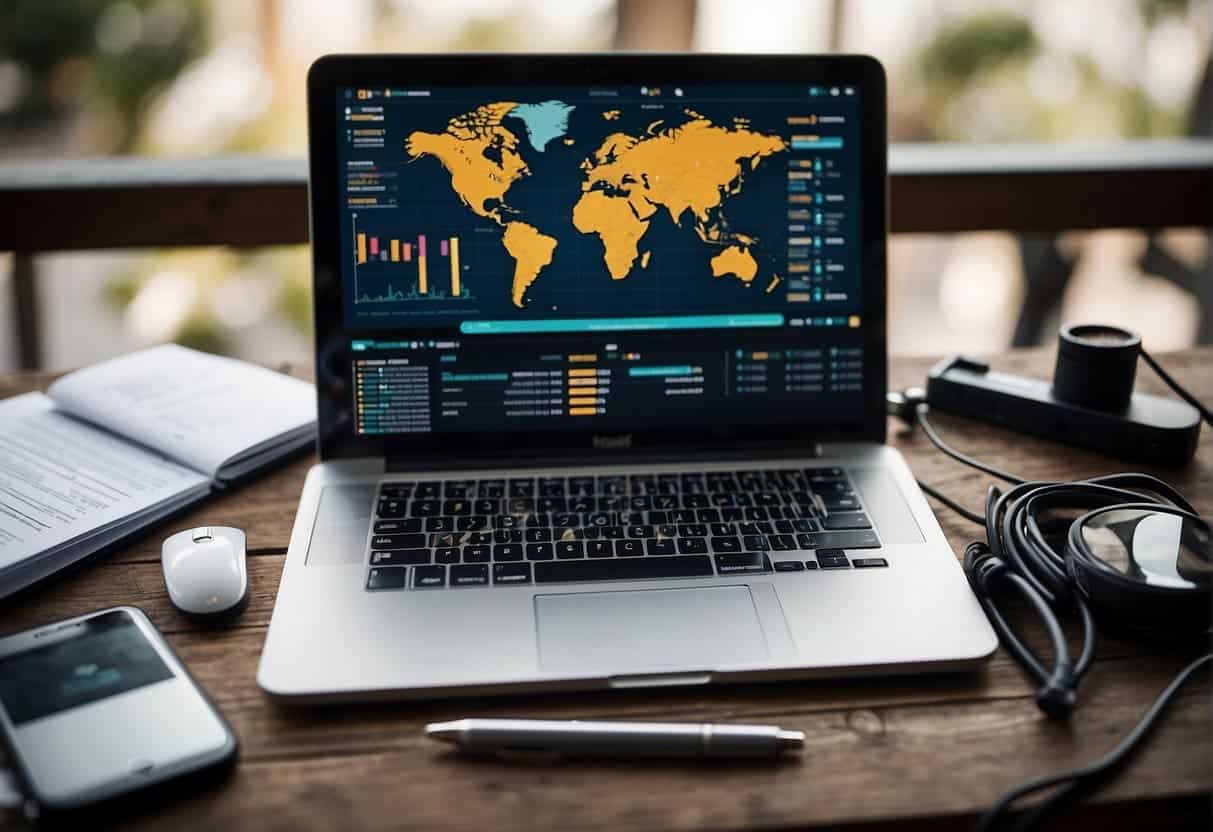 A laptop with blogging and vlogging tools and plugins open, surrounded by charts and graphs showing return on investment