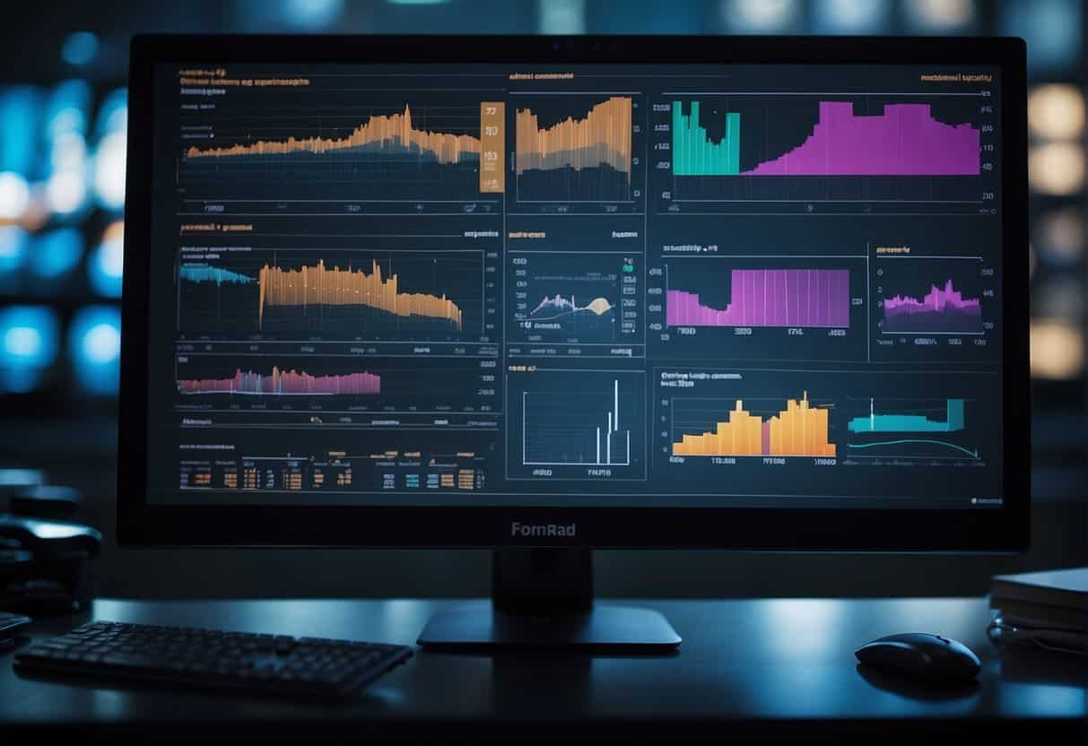 A computer screen displaying data charts and graphs, with AI and machine learning algorithms running in the background
