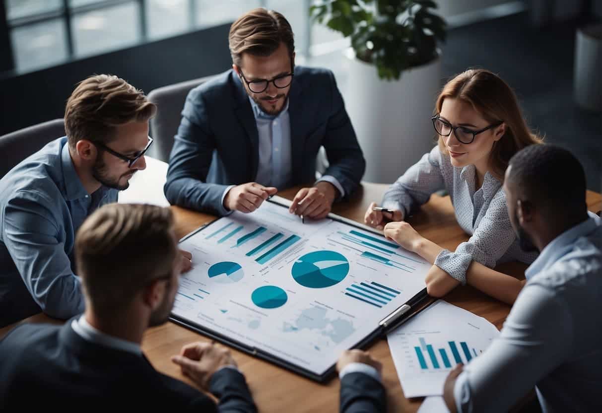A group of data analysts collaborate on a strategy, surrounded by charts and graphs, with a focus on future marketing