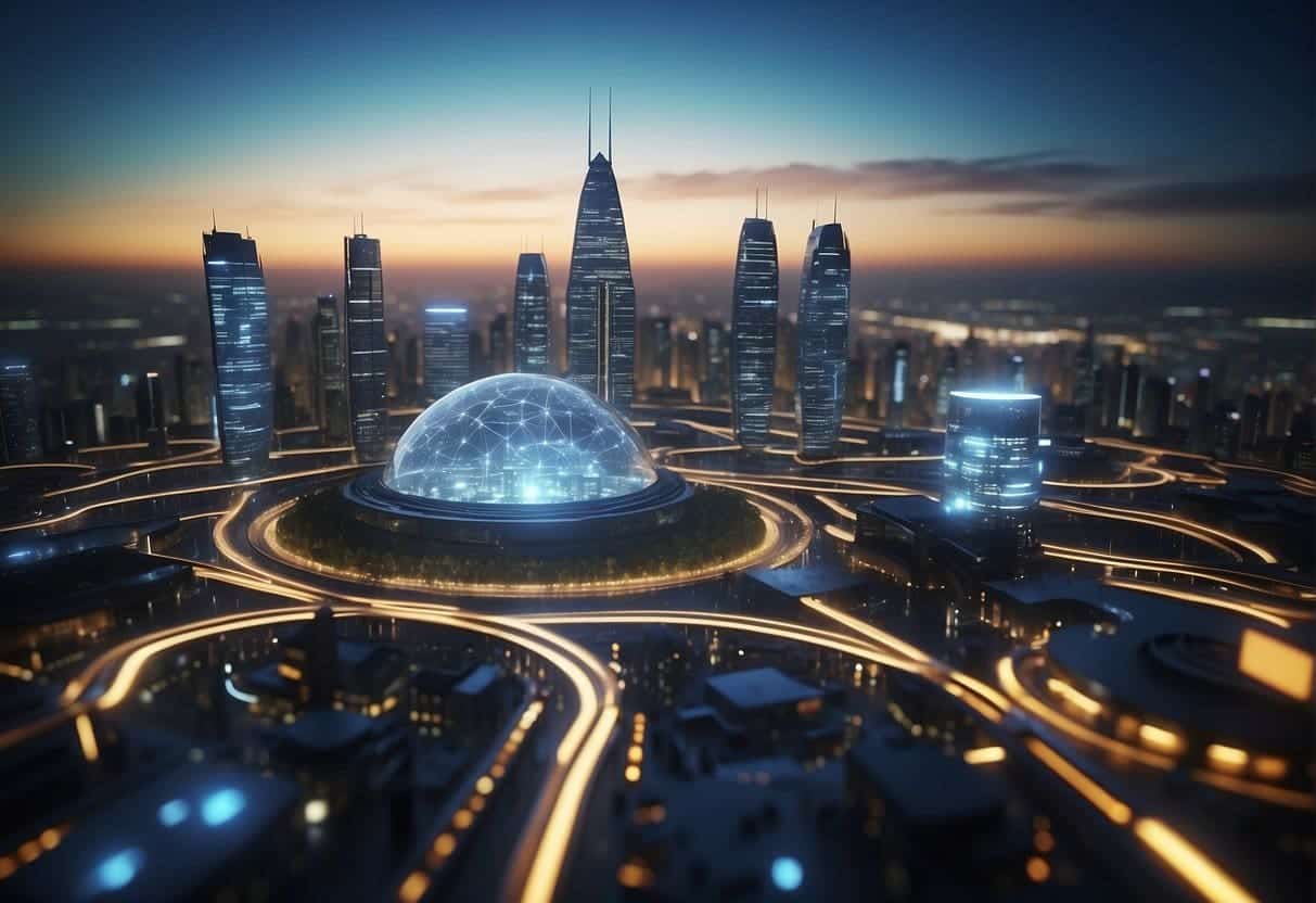 A futuristic city skyline with data centers and security measures, surrounded by a web of interconnected data streams and compliance regulations