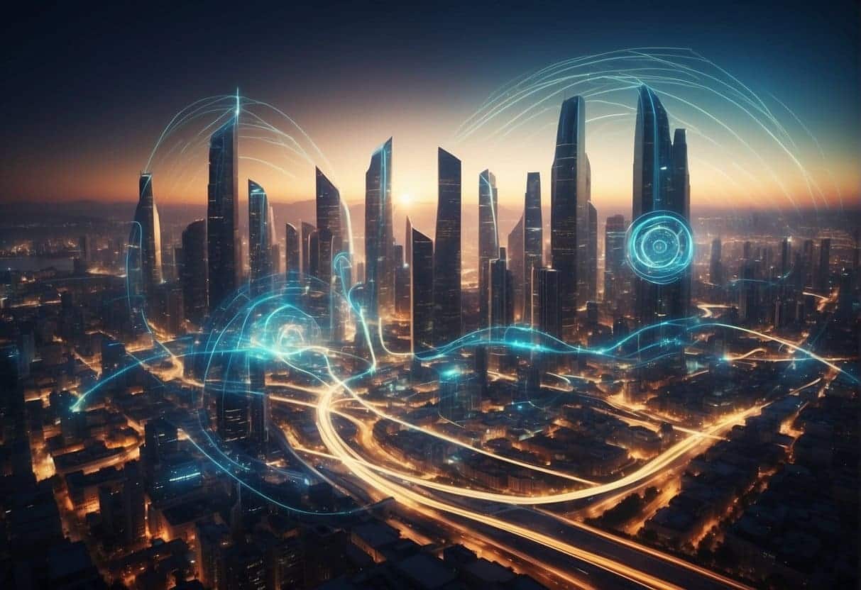 A futuristic cityscape with data streams flowing between buildings, highlighting the shift towards first-party data in marketing