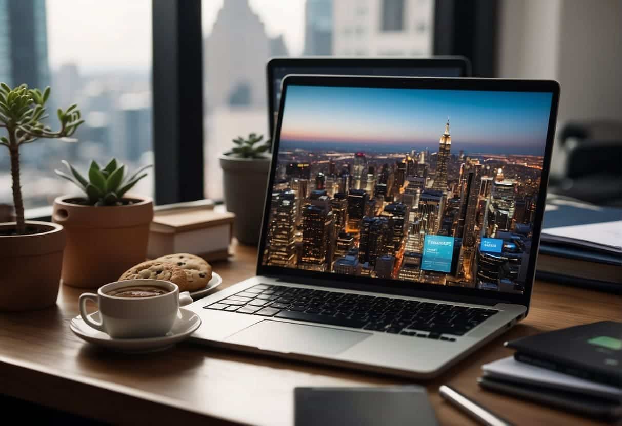 A cluttered desk with a laptop, notepad, and pen. A computer screen displays "Transition Strategies for Marketers Transitioning to Cookieless Marketing: A Guide for Businesses." An open window shows a cityscape