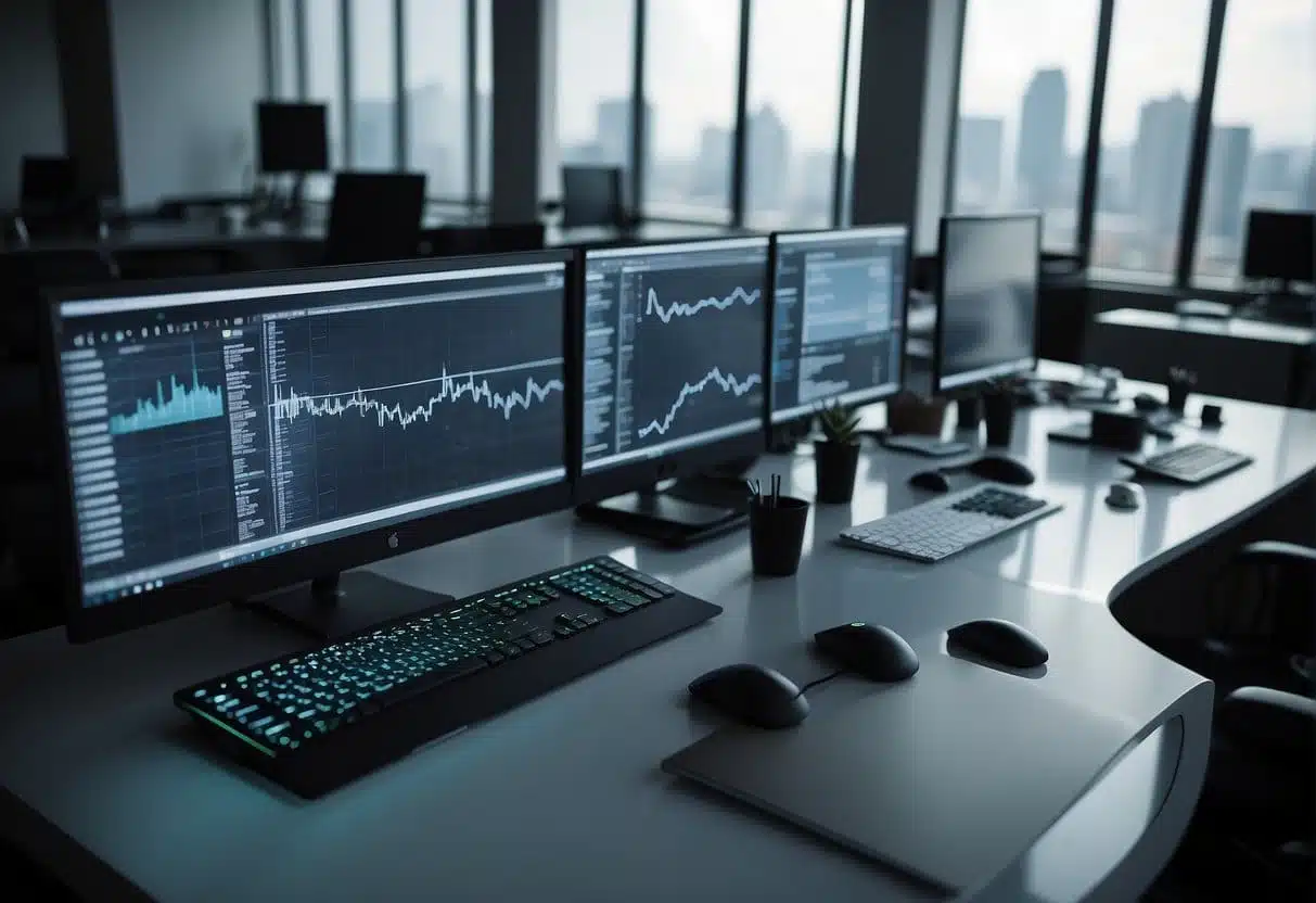 A modern office with sleek computers, charts, and a team collaborating on SEO strategies for clients