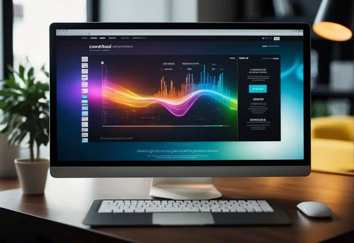 A computer with a sleek, modern design sits on a clean, organized desk. The screen displays a visually appealing website layout with vibrant colors and engaging content
