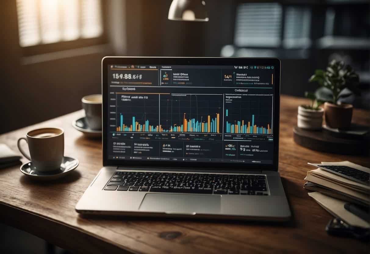 A laptop displaying a website with "Optimisation and Conversion Strategies" on the screen, surrounded by charts, graphs, and SEO tools