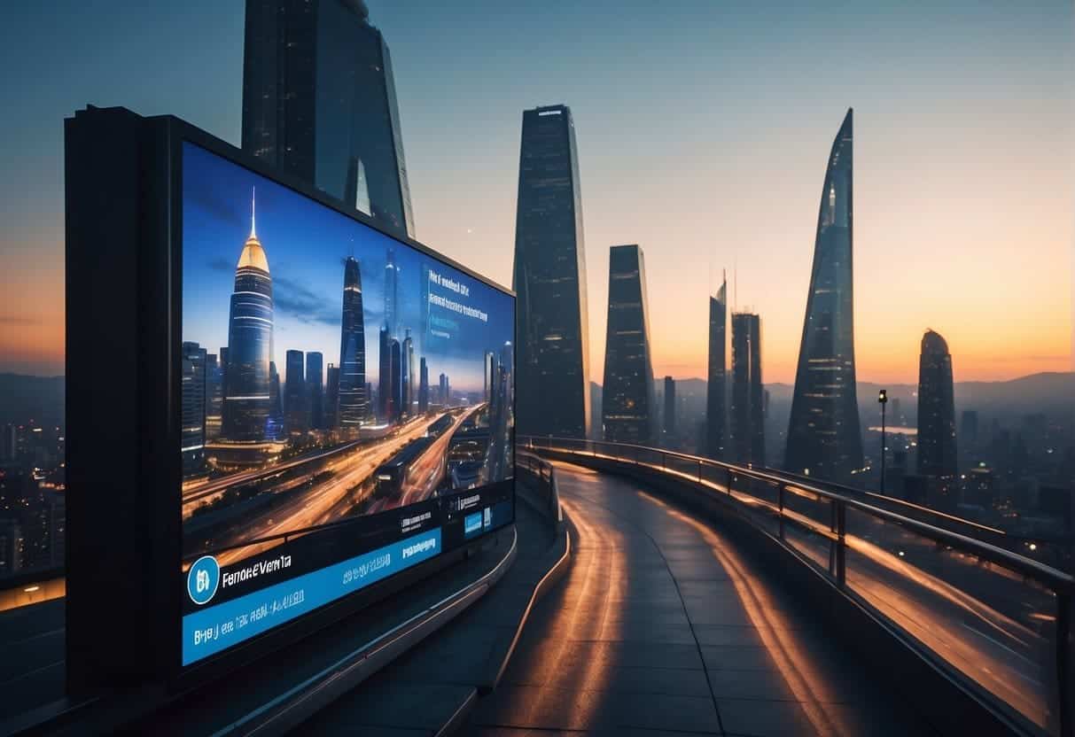 A futuristic city skyline with digital billboards displaying "Beyond 2024: Future-Proofing Your Marketing Strategy" and "Leverage Server-Side Tracking in Cookieless Marketing."