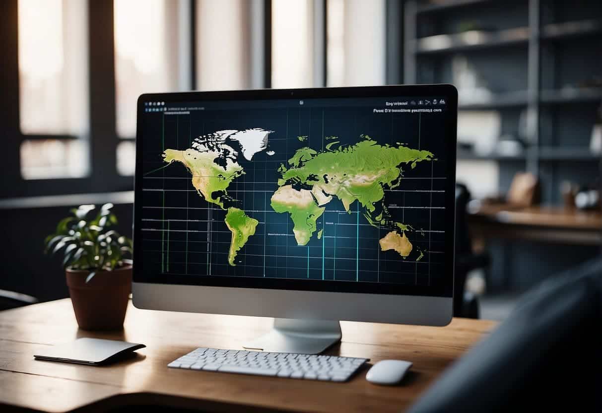 A computer screen displaying a website with AI algorithms analyzing keywords for SEO optimization. Graphs and charts show data transformation and trust building