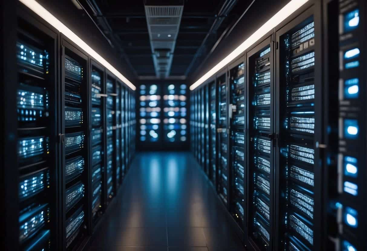 A server room with rows of neatly organized racks of servers, with blinking lights and cables, depicting the infrastructure for server-side tracking in cookieless marketing