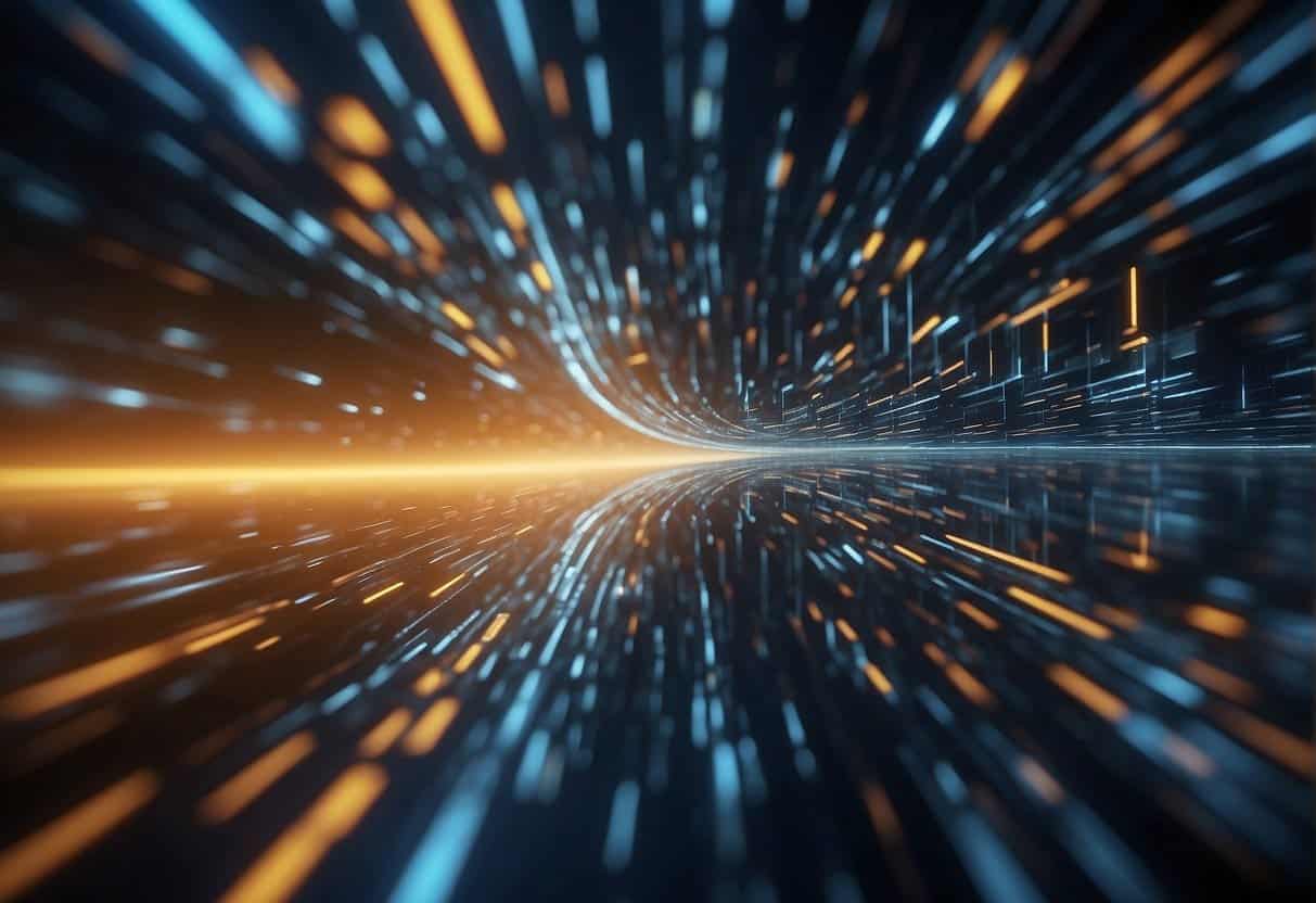 Keywords flow through a digital funnel, guided by AI algorithms. Data streams merge, creating a seamless workflow. The machine learns, transforming SEO strategies