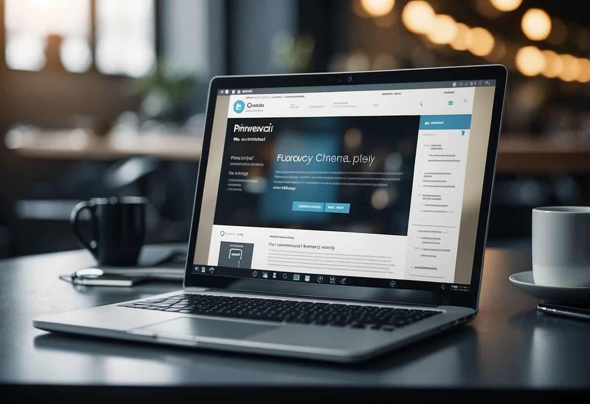 A laptop displaying a privacy-first advertising campaign, surrounded by digital marketing tools and a privacy policy document