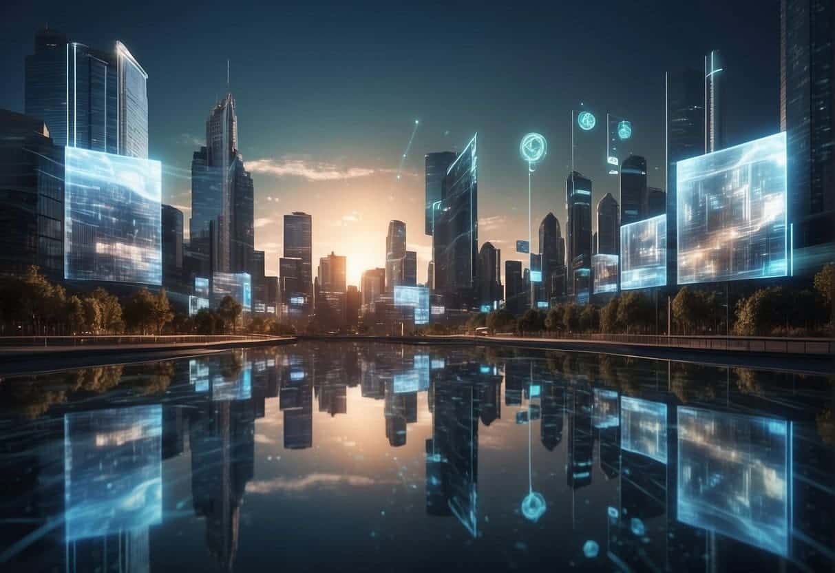A futuristic cityscape with holographic billboards displaying targeted ads while data encryption symbols float in the air