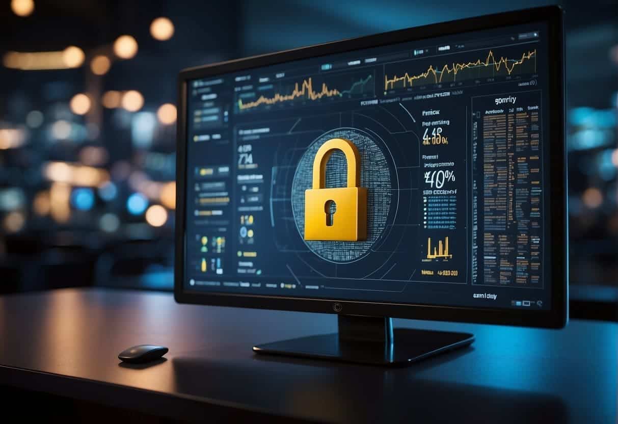 A computer screen displays a privacy-first advertising platform. Data encryption symbols and a lock icon emphasize security. Graphs and charts show targeted audience reach and engagement metrics