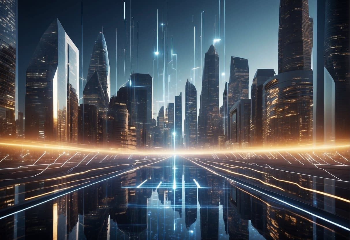 A futuristic cityscape with data streams flowing between buildings, showcasing advanced technology for audience targeting without third-party cookies