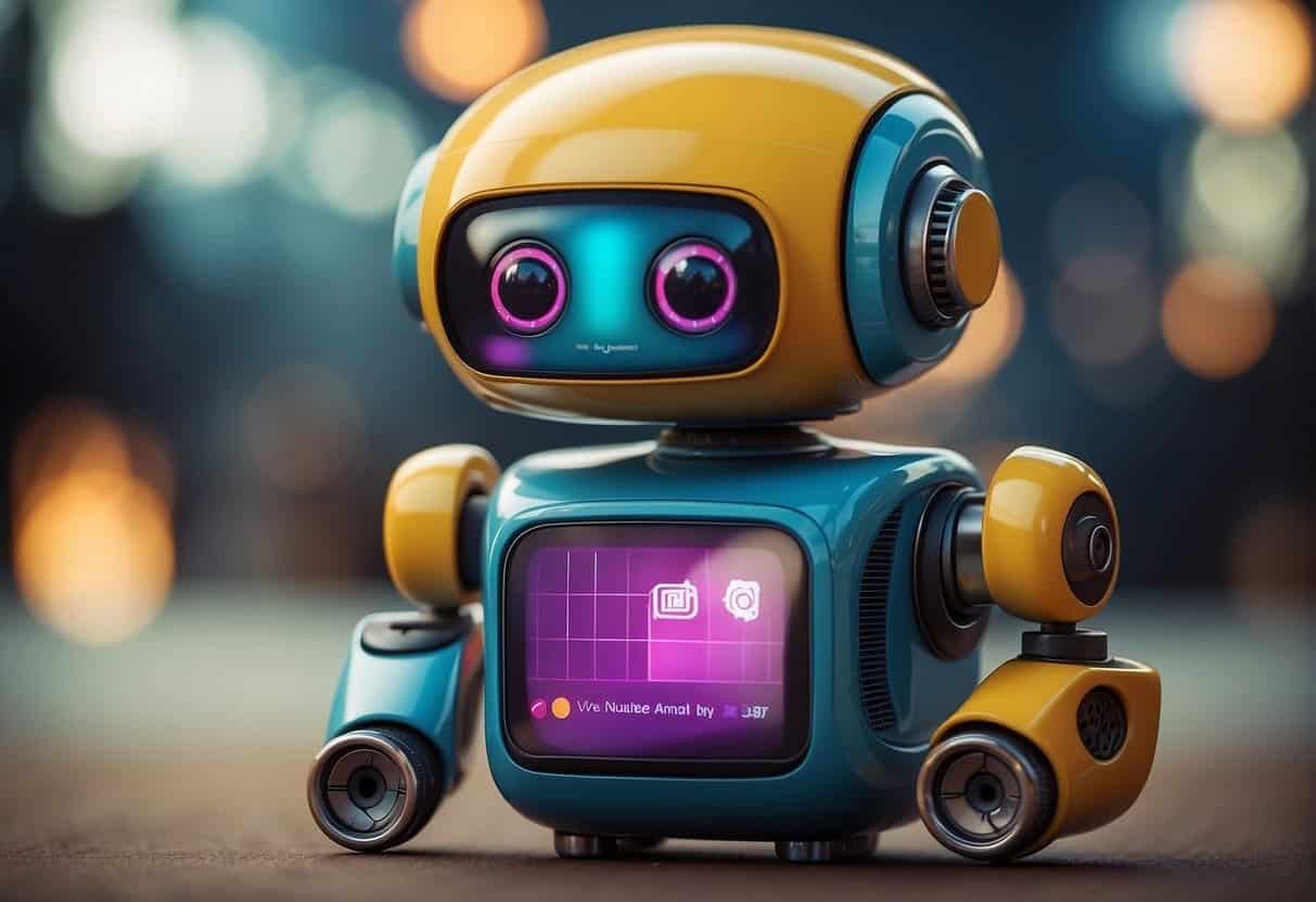 A colorful chatbot engages with diverse customers across various digital platforms, showcasing personalized messaging and interactive features