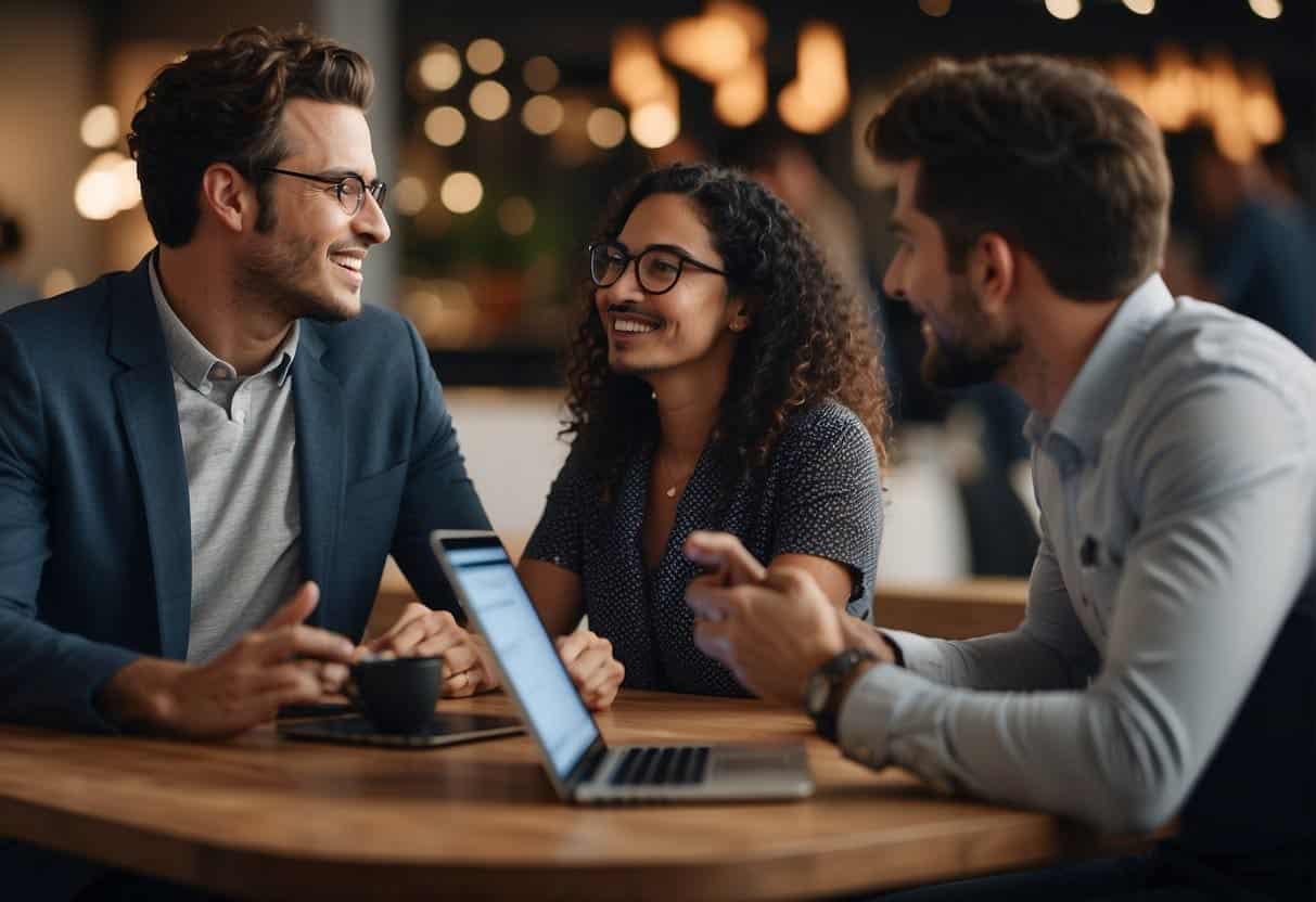 A group of diverse individuals engage in lively, interactive conversations while surrounded by various digital marketing tools and technology