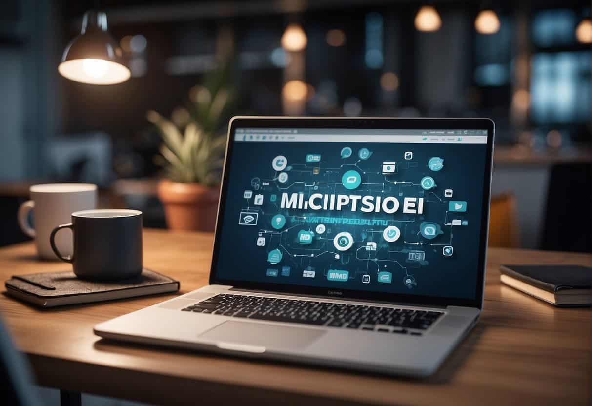 A laptop, smartphone, and chatbot icon arranged on a desk with marketing materials and a brainstorming board in the background