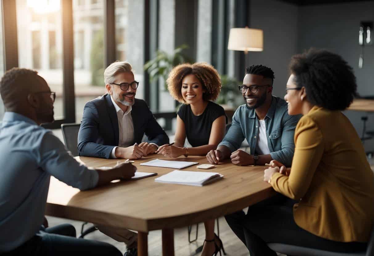 A group of diverse individuals gather around a table, brainstorming and collaborating on a sales integration design for an effective conversational marketing campaign