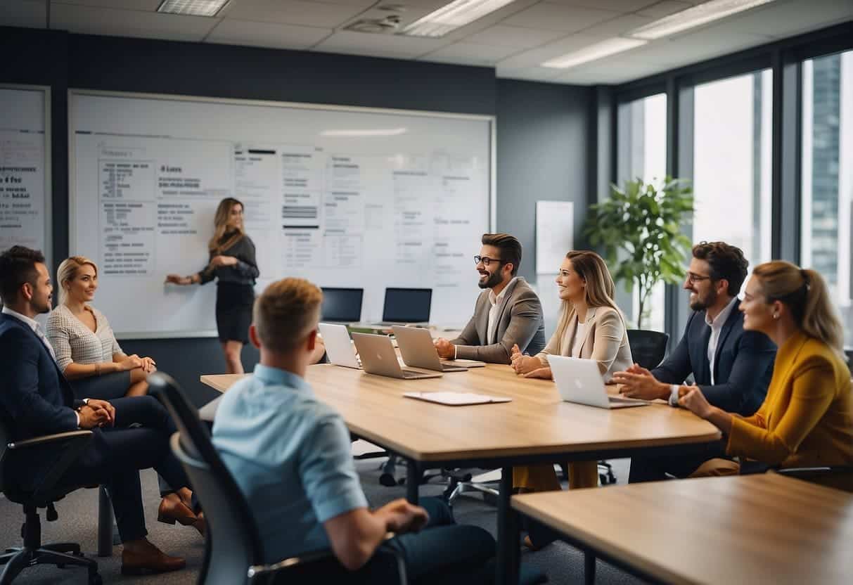 A vibrant, modern office setting with a team brainstorming around a whiteboard, showcasing the process of creating an effective conversational marketing campaign