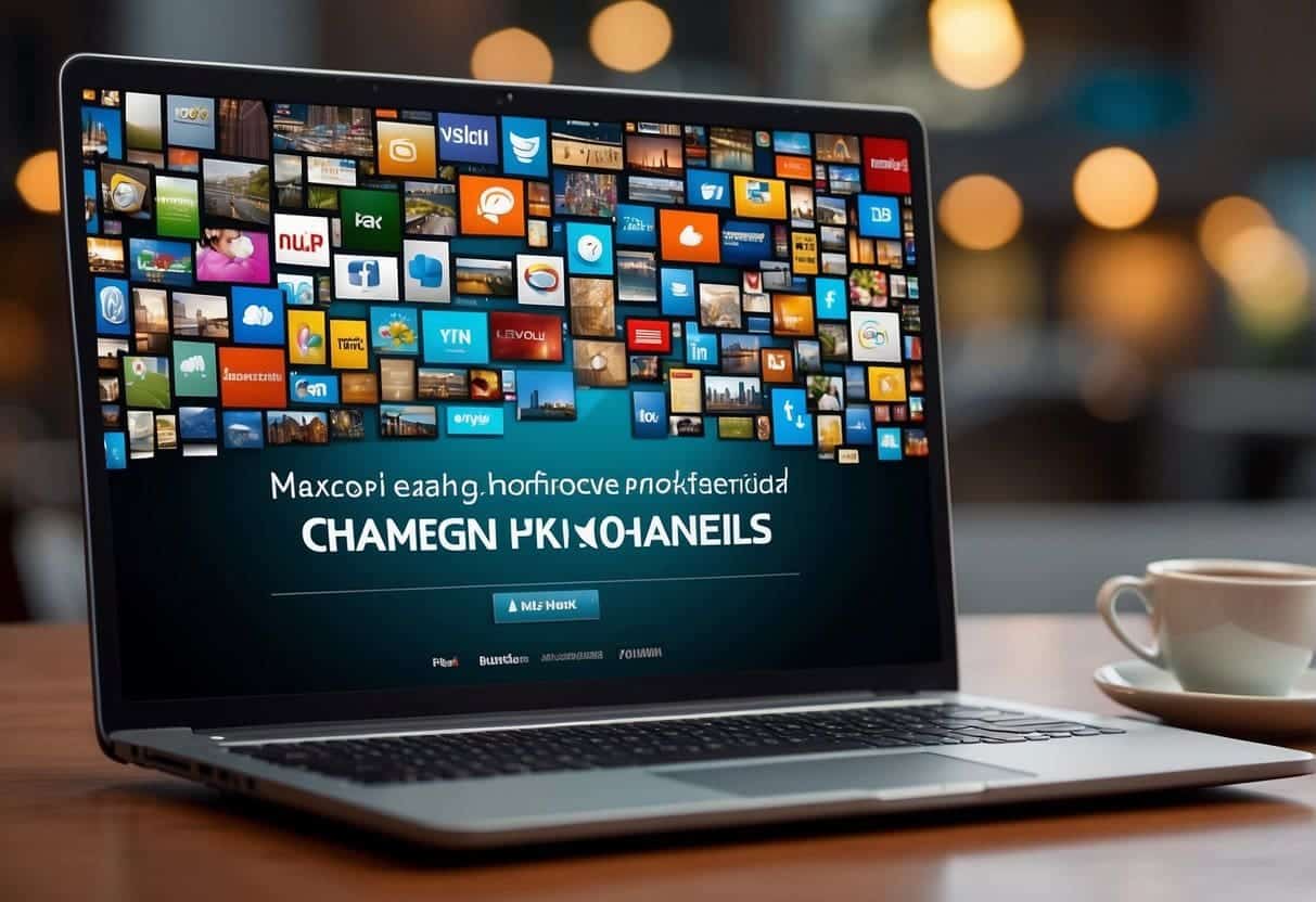 A laptop displaying a variety of marketing channels, while a speech bubble hovers nearby, representing a conversational marketing campaign