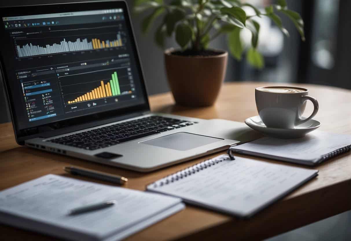 A computer screen displays various SEO tools and data charts, while a person scribbles notes on a notepad next to a cup of coffee