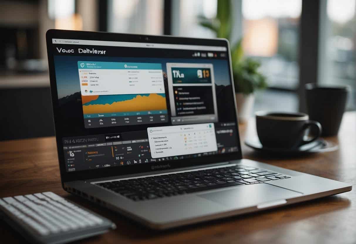 A laptop with a vlog dashboard open, displaying ad and sponsor options. A stack of branded products nearby. A calendar marked with upcoming sponsored content dates