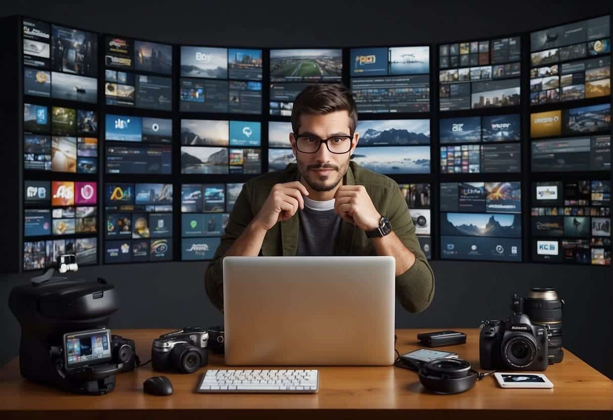A vlogger sits at a desk with a computer and camera, surrounded by brand logos, money symbols, and various revenue-generating icons. A graph shows increasing reach and revenue