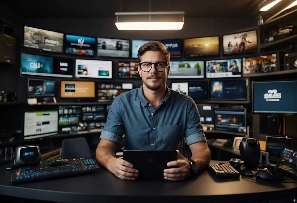 A vlogger stands in front of a computer, surrounded by various products and brands. Ad banners and sponsor logos fill the screen, while a chart shows revenue increasing over time