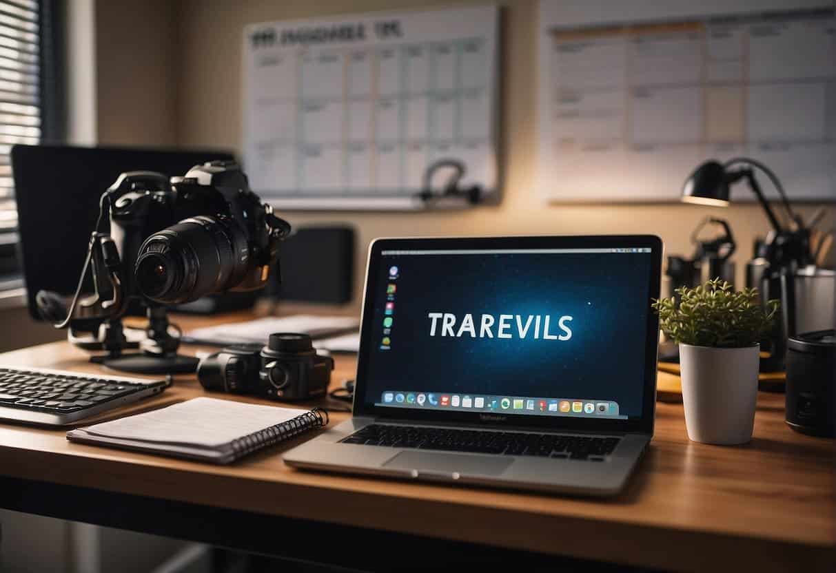 A vlogger's desk with a laptop, camera, and microphone. A whiteboard with revenue sources like ads and sponsors. A stack of business books and a calendar with content schedule