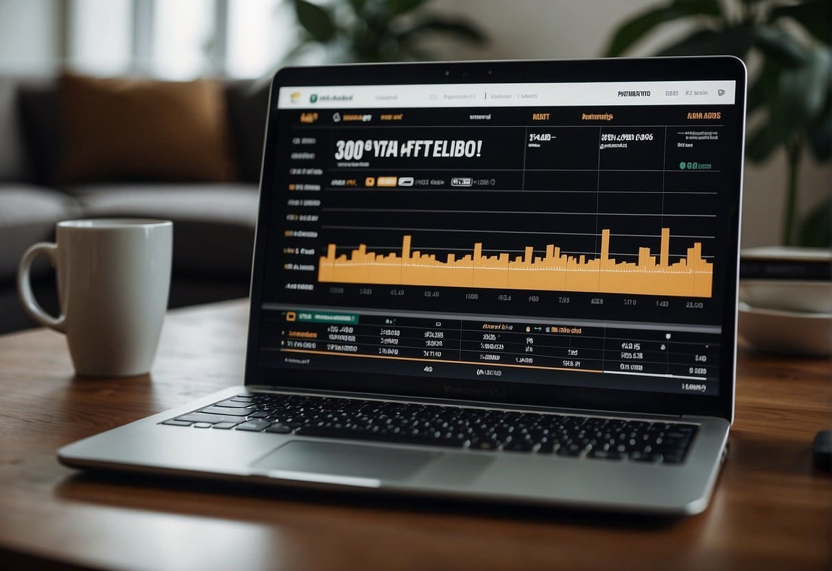 A laptop displaying a vlog with ads and sponsor logos, a product placement in the background, and a revenue graph on the screen