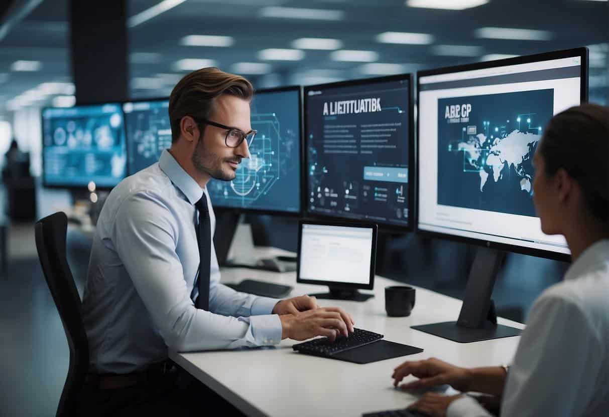 AI and job recruitment: A modern office setting with AI technology displayed on computer screens, while job seekers interact with AI chatbots and virtual assistants