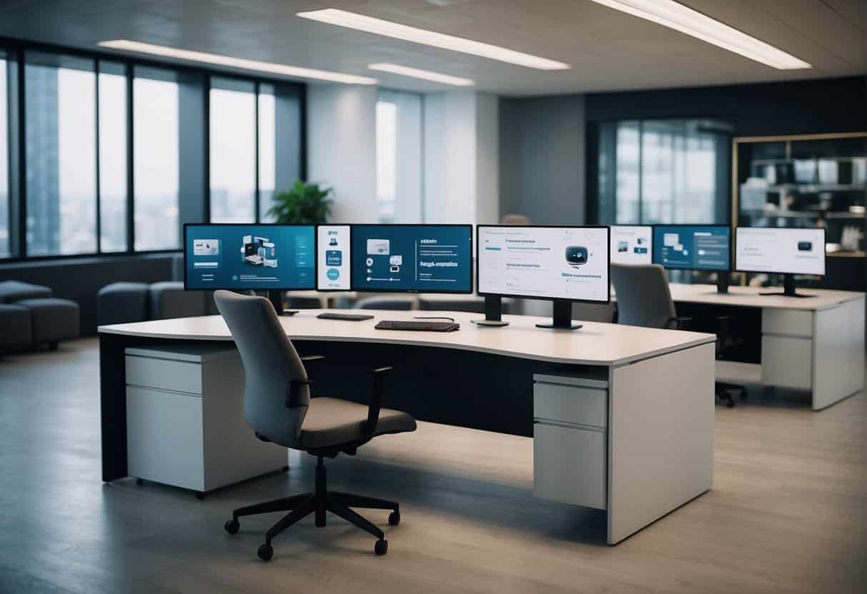 A sleek, modern office with AI-powered chatbots engaging with customers on multiple screens, seamlessly streamlining the conversational marketing process