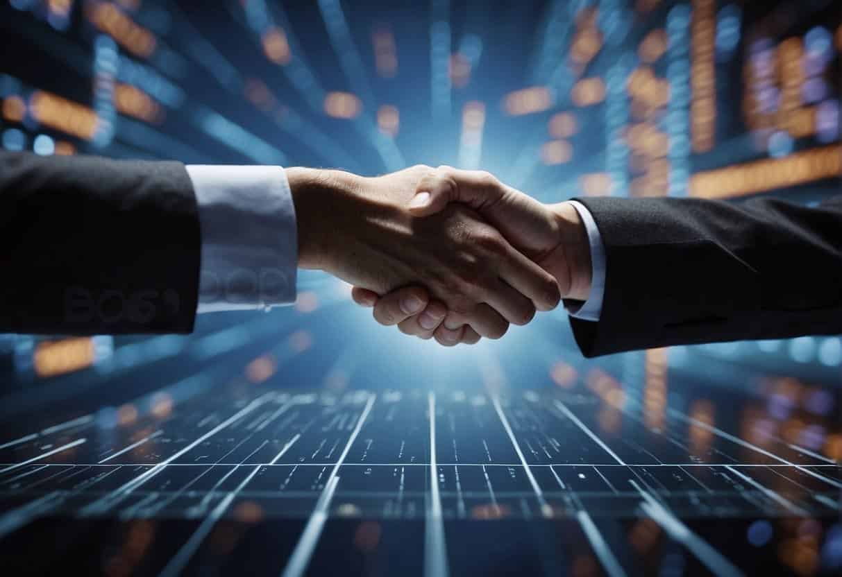 A group of two companies shaking hands, exchanging data, and collaborating on a project. A chart showing the flow of data between the two parties