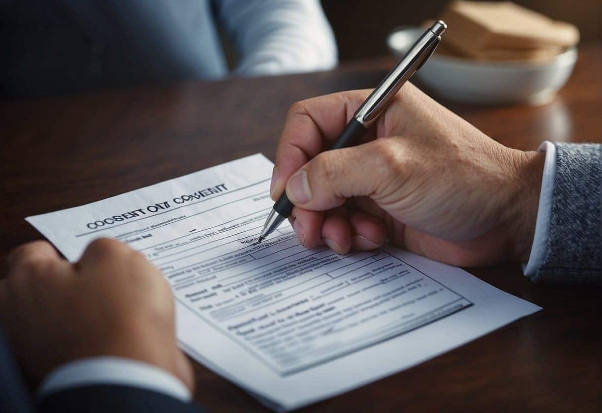 A person signing a consent form with a pen, while a checklist of compliance best practices hovers in the background