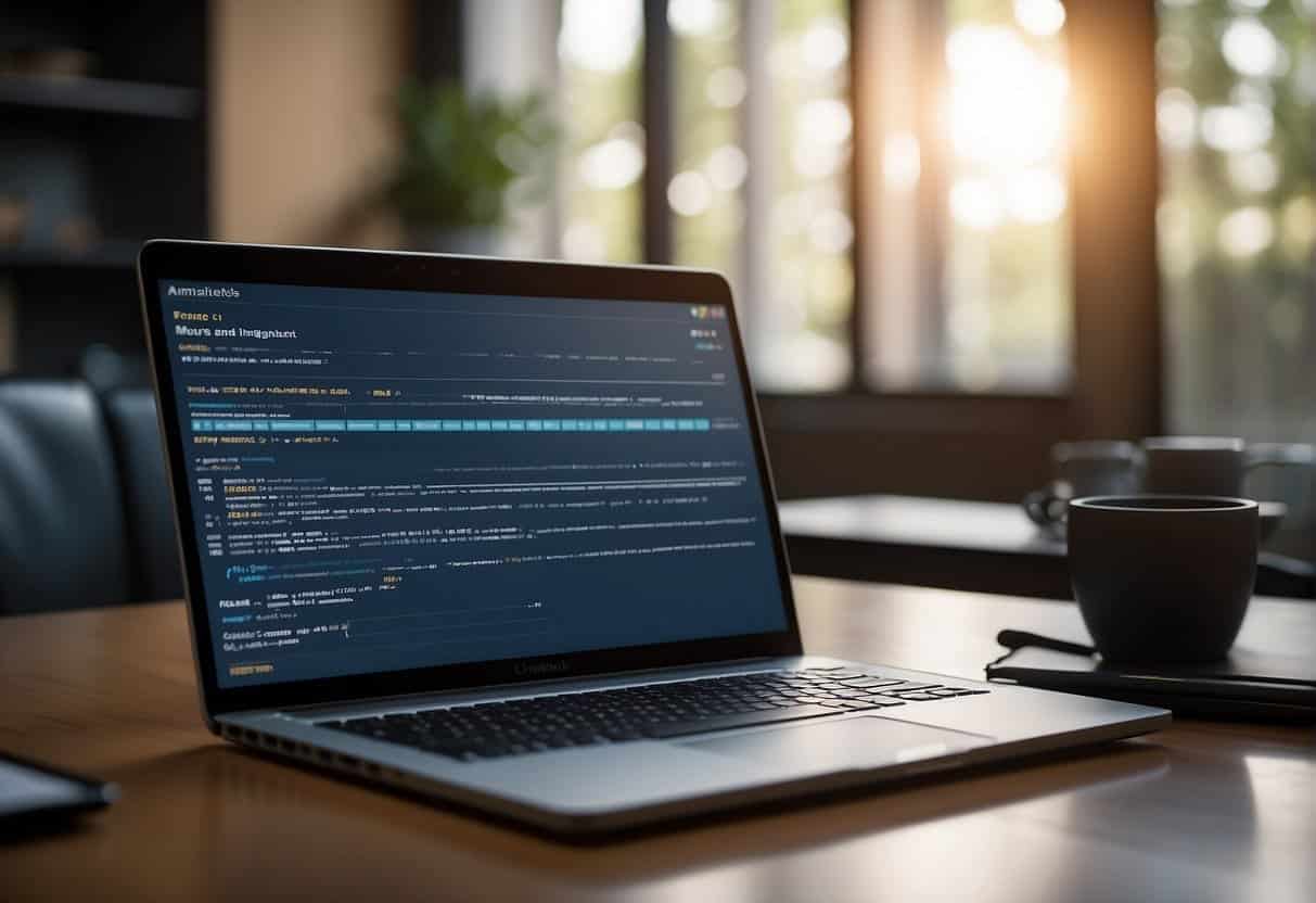 A laptop displaying a chatbot conversation with high engagement metrics on a desk with a notepad and pen