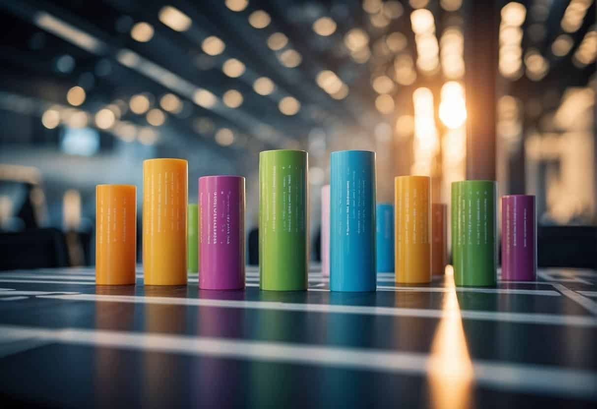 A group of towering pillars representing different aspects of conversational marketing, with measuring tools and data charts surrounding them