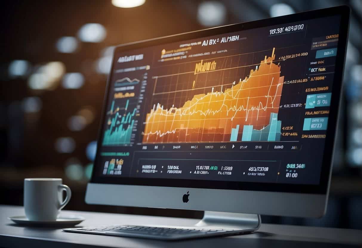 AI analyzes data from conversational marketing to measure success. Charts and graphs display performance metrics. Text bubbles show AI communicating with customers