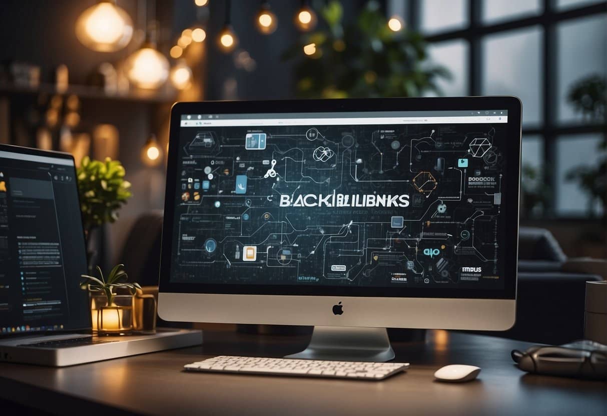 A computer screen displaying a diverse array of high-quality backlinks, surrounded by various tools and resources for link building