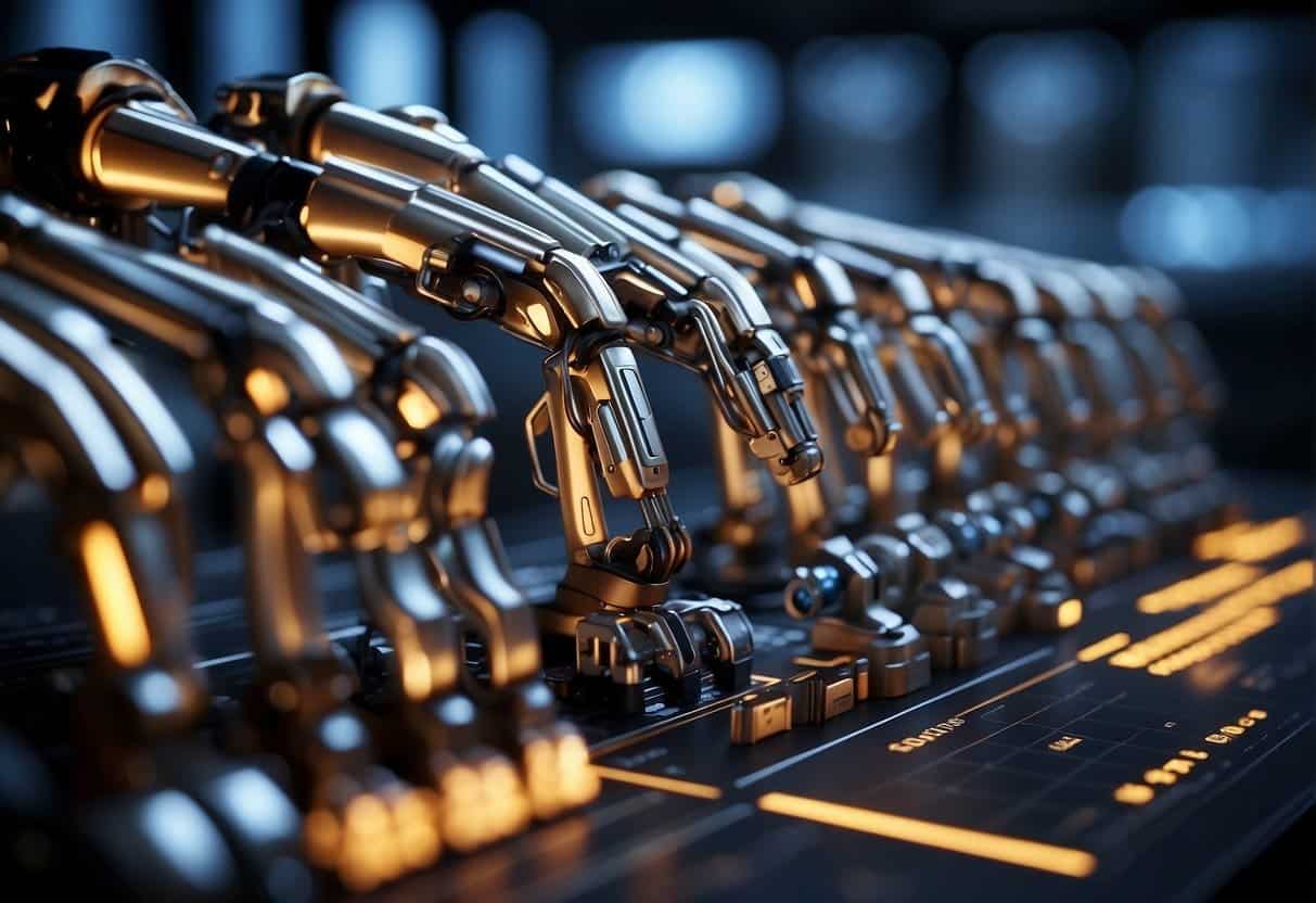 Robotic arms swiftly organizing data, while a chart displays rising engagement metrics