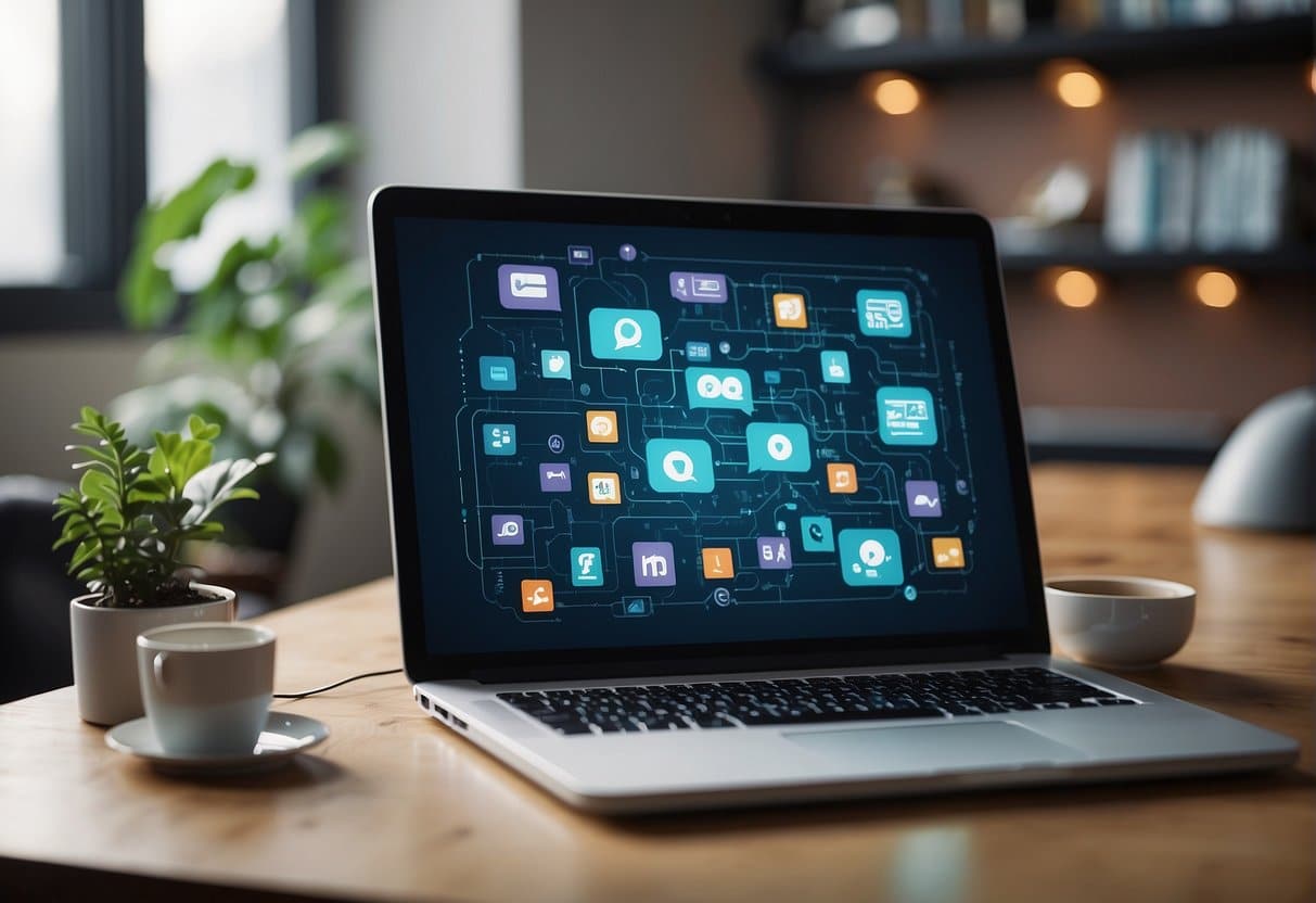 Deploying Conversational Marketing - A computer screen displaying various chatbot platforms with speech bubbles and interaction icons