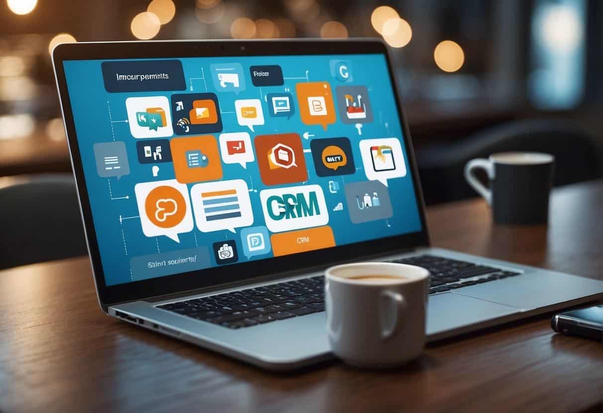 A laptop displaying CRM platforms, surrounded by chat bubbles and marketing icons